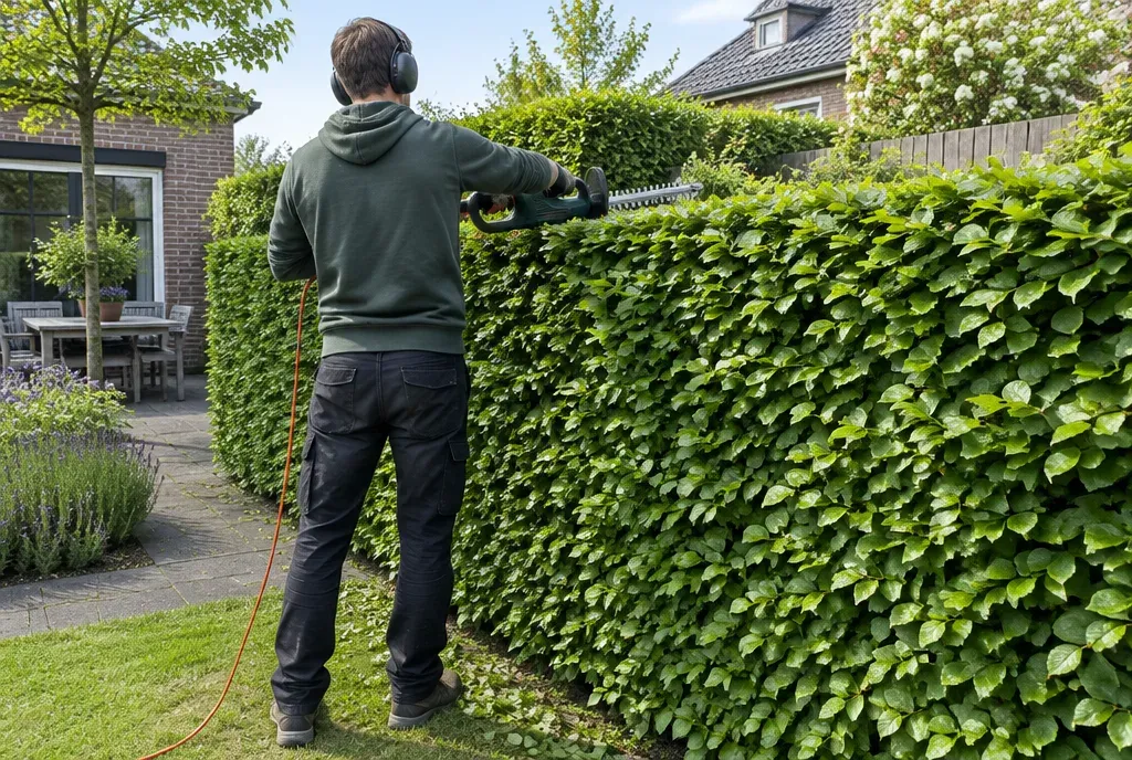 Hovenier snoeit een groene beukenhaag met een elektrische heggenschaar