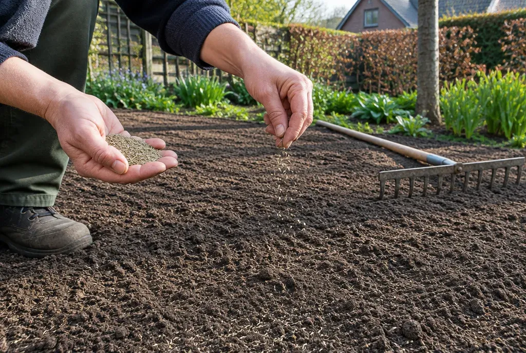 Hand strooit graszaad over vers geharkte grond in een tuin