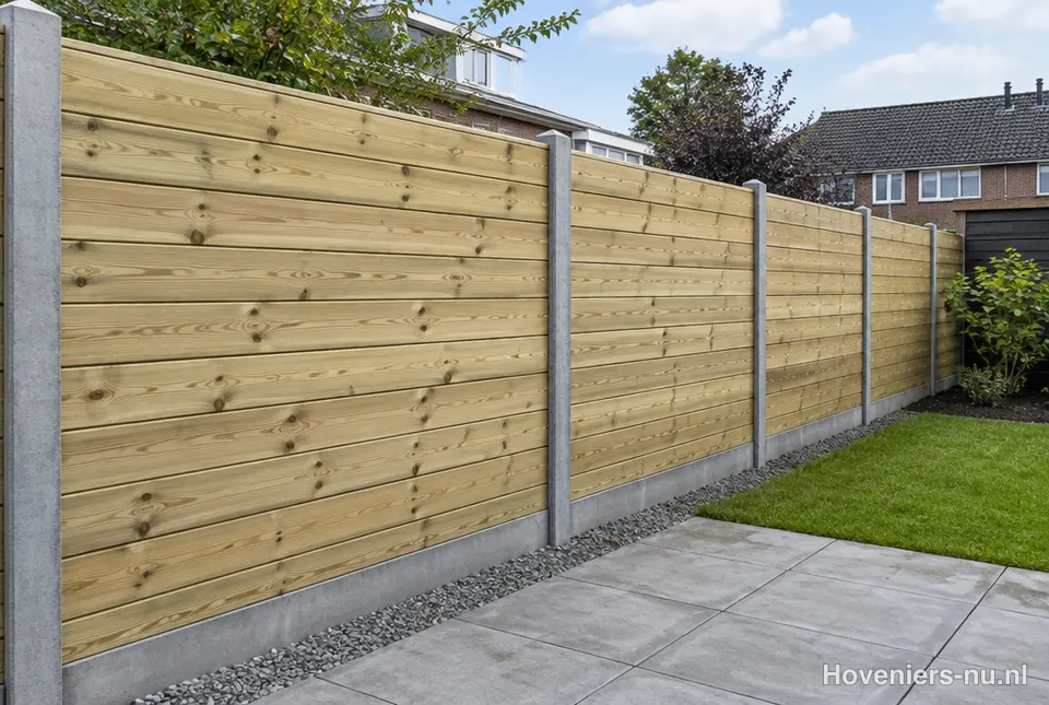 Nieuwe houten schutting met betonpalen in een achtertuin