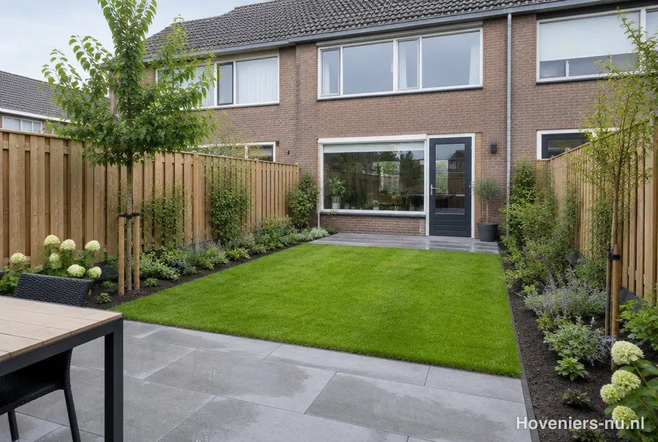 Nieuw aangelegde achtertuin met terras, gras en borders