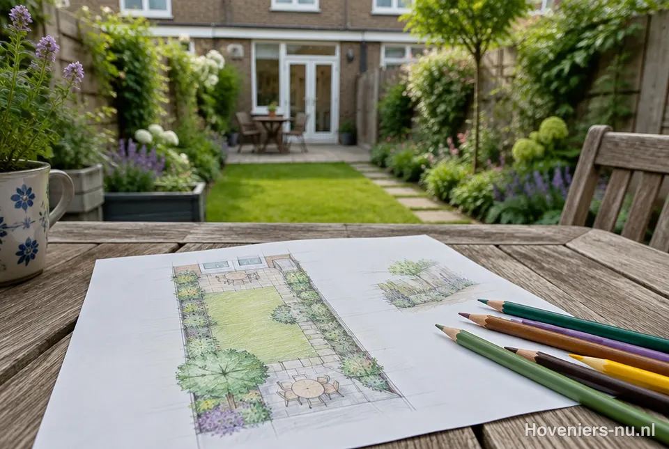 Tuinontwerp op papier op een tuintafel, met de tuin op de achtergrond